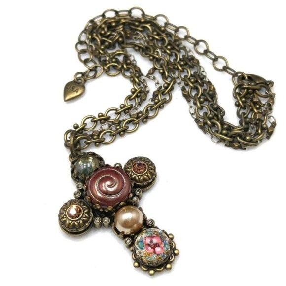 Sweet Romance USA Cross Art Glass Pendant Necklace, Rhinestones, 20 In - Picture 2 of 10